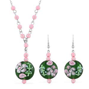 New Green Glass, Enameled Rose Pendant Necklace and Earrings in Silvertone